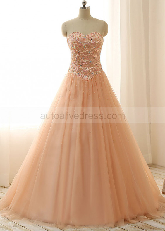 Peach Tulle Beads Sweetheart Neckline Long Prom Dress